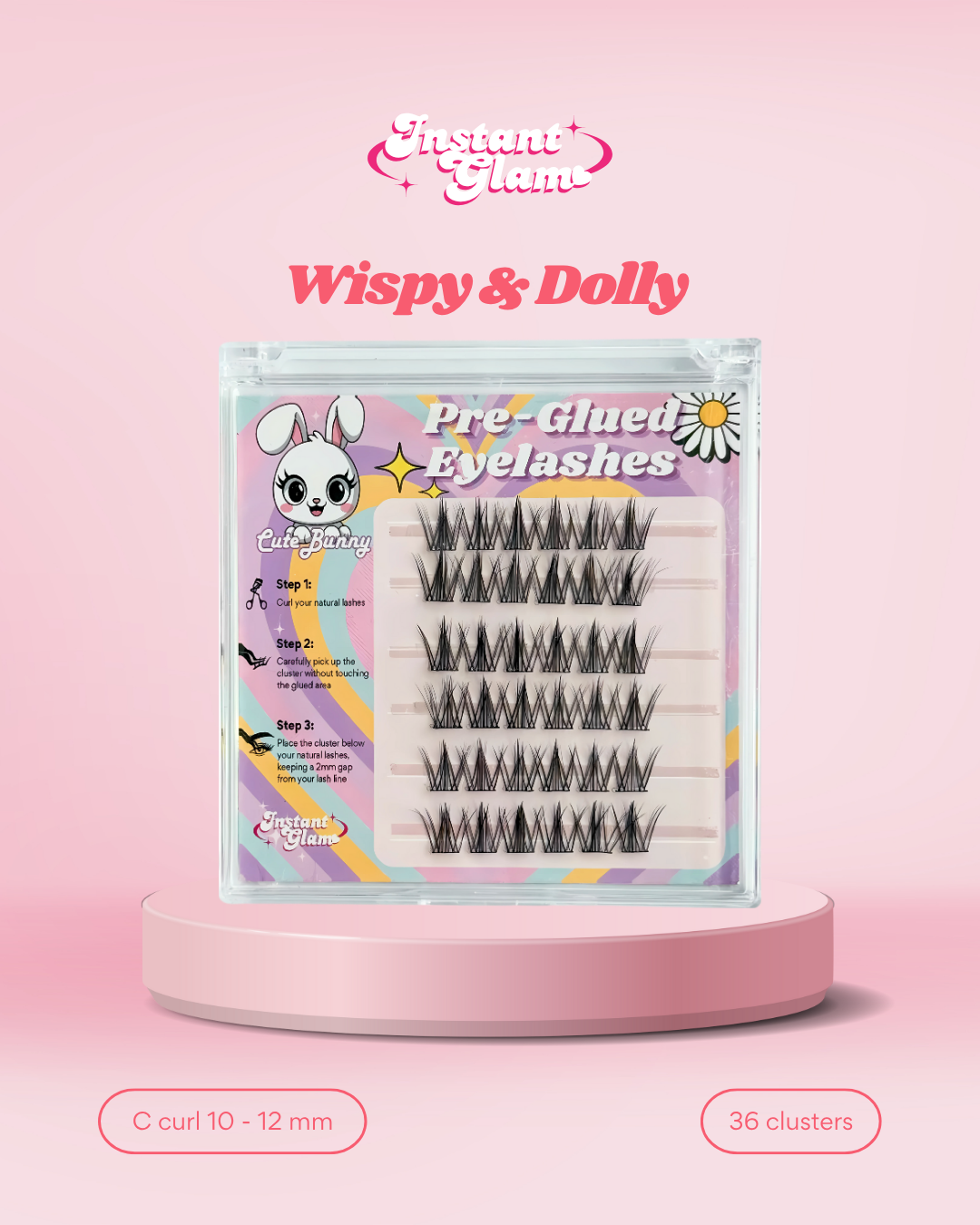 Pre-glued eyelashes packaging with a cartoon character on a pink background