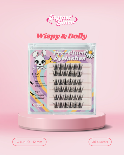 Pre-glued eyelashes packaging with a cartoon character on a pink background