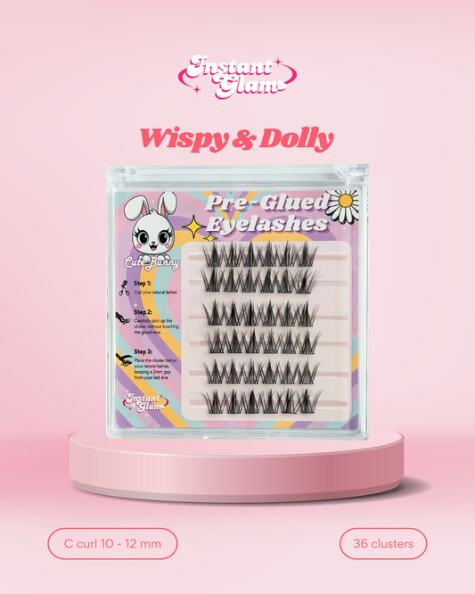 Pre-glued eyelashes packaging with a cartoon character on a pink background