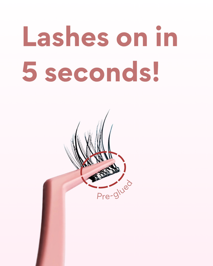 False eyelashes with a pink holder and text 'Lashes on in 5 seconds!' on a white background.