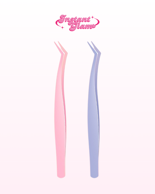 Two pairs of eyelash extension tweezers, one pink and one blue, on a white background with 'Instant Glance' branding.